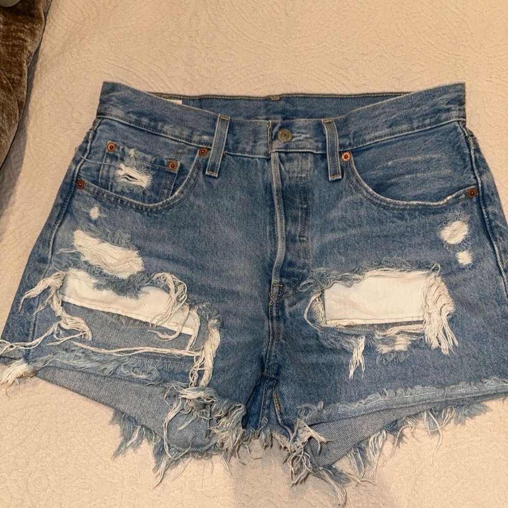 Levi's Blue Distressed Jean Shorts with Raw Hem